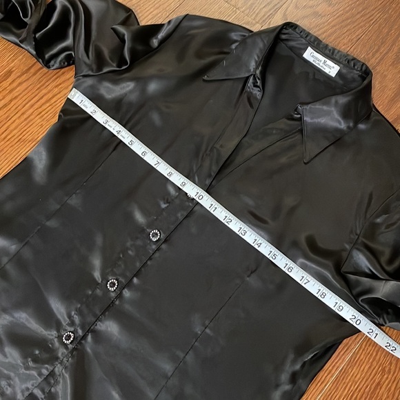 Luxury European designer black satin collared button up blouse bishop sleeves L - Picture 11 of 13